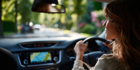 Young woman driving a car on a sunny day with focus on her profile and steering wheel inside the vehicle
