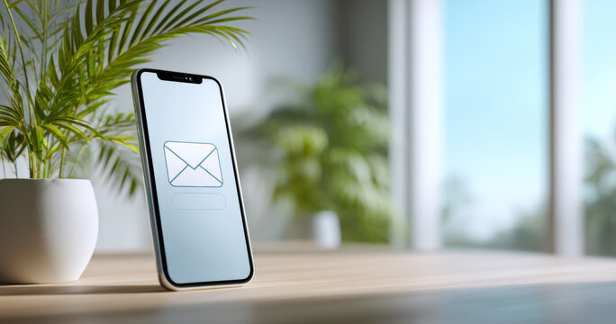 Smartphone displaying email icon on screen standing on wooden table with potted plant and blurred background in bright room
