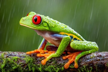 Obraz premium Red eyed tree frog clinging to branch during rainforest rain