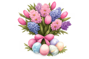 Easter bouquet with pastel flowers and eggs