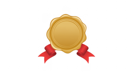 Golden wax seal with red ribbon isolated on a transparent background