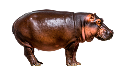 Majestic brown hippopotamus standing against black background