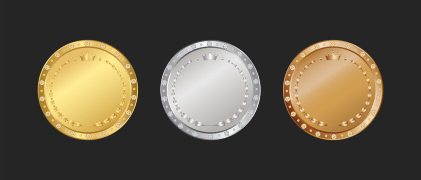 Gold silver and bronze blank medal award 3d icon on black background, Metal button realistic design, Quality badge sign.