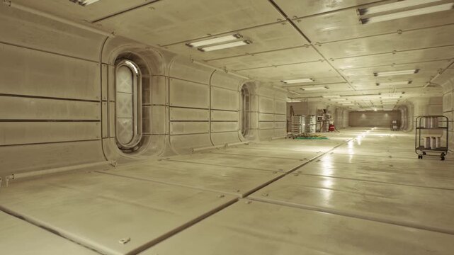 Empty metal staging bay with distant equipment and warm glow, scattered crates, coiled hoses, industrial shelving, implied cargo preparation by unseen crew.