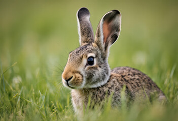 Fototapeta premium Rabbit with large ears in green grass