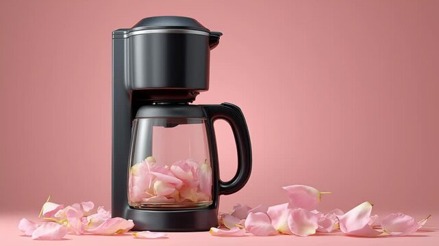 Coffee maker with glass carafe showcasing delicate pink rose petals inside, surrounded by scattered petals on a soft pink background, emphasizing floral infusion and brewing process