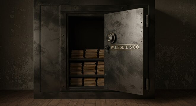A large, old-fashioned metal safe with its door open, revealing stacks of gold bars inside, set against a dark background