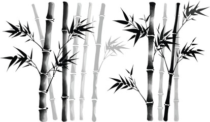 Naklejka premium Monochrome painting style bamboo stalks with detailed leaves representing calm asian nature and oriental garden scenery
