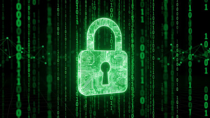A glowing green padlock with binary code on a dark background