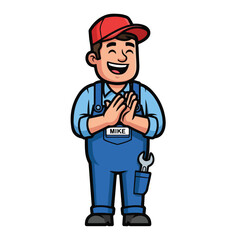 Obraz premium Friendly cartoon male worker with hands together in greeting