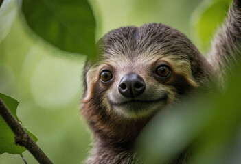 Obraz premium Sloth Peeking Out from Lush Green Foliage