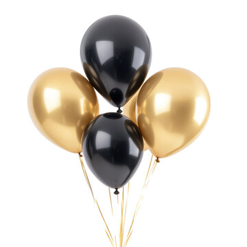 Small bunch of four shiny black and golden balloons isolated on transparent background ideal for festive occasions