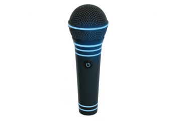 Black microphone with blue accents and power button isolated on a transparent background