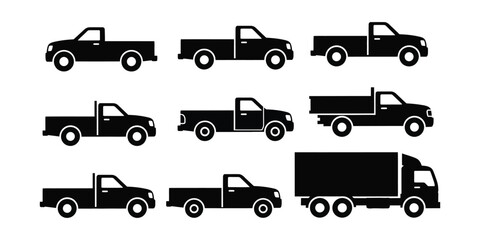 pickup trucks and delivery vans icon. Collection of vintage pickup trucks and delivery vans in a simple black silhouette style © Anamul Haque  Munna