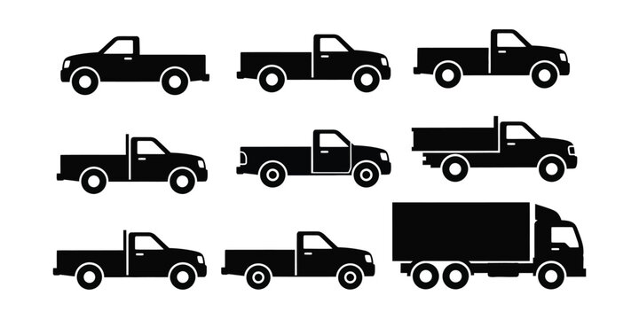 pickup trucks and delivery vans icon. Collection of vintage pickup trucks and delivery vans in a simple black silhouette style