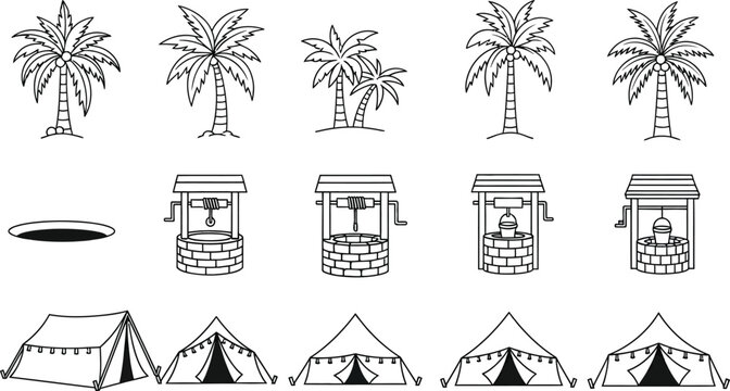 Outline set of tropical elements with palm trees water wells tents camping gear icons black and white vector illustrations