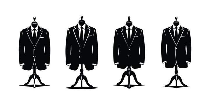 male mannequins wearing dark suits and ties in a minimalist black and white style