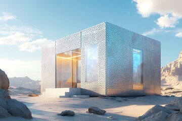 Minimalist cube home with perforated metal walls, sharp lines, and integrated holographic windows, set in a futuristic desert landscape.