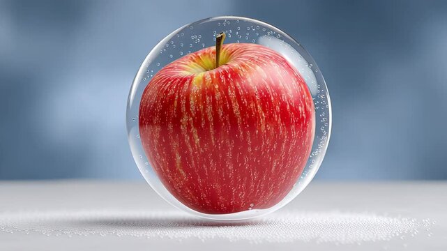 Red apple encased in a clear bubble of water with visible bubbles forming around its surface, showcasing the fruit's vibrant color and texture in a captivating visual progression