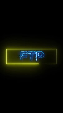 Blue Electric Fire Effect on FTP Text with Yellow Neon Outline on Black Background