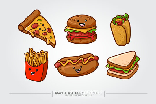 Vector illustration Set of 6 kawaii cute cartoon fast food characters isolated on white background.