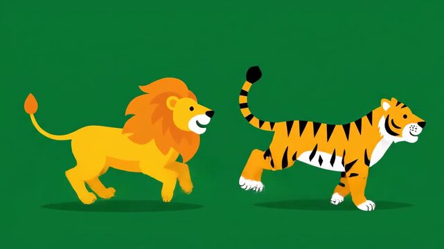 Lion and Tiger Walking Animation Flat Vector Graphics