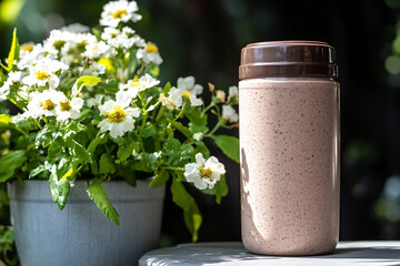 Creamy chocolate protein shake placed beside a flower pot in a garden setting