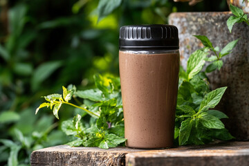 Shaker bottle displaying creamy chocolate protein drink surrounded by greenery in a natural setting