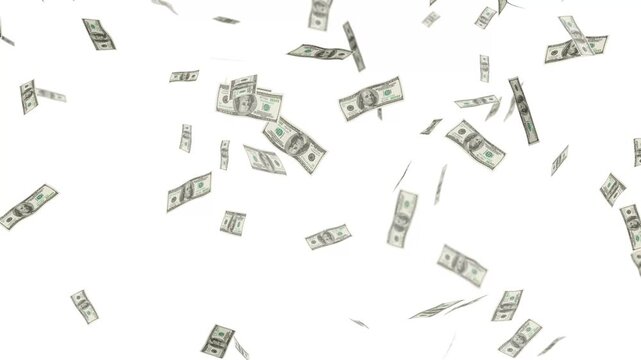 Money falling dollar banknotes on a transparent background with alpha channel, loopable 4k. falling cash money background, money overlay.