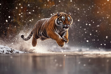 Siberian tiger leaps gracefully across snowy riverbank in a winter wonderland