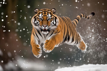 Siberian tiger leaps gracefully across snowy riverbank in a winter wonderland