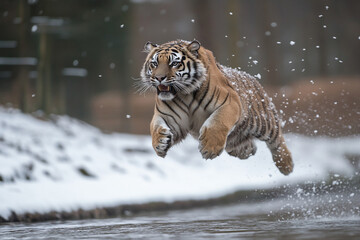 Siberian tiger leaps over snowy riverbank during winter in natural habitat showcasing agility and strength