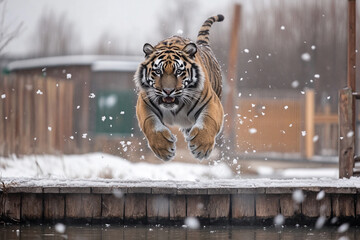Siberian tiger leaps gracefully over snowy riverbank in winter wilderness