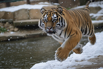 Siberian tiger leaps gracefully across a snowy riverbank in a winter wilderness setting