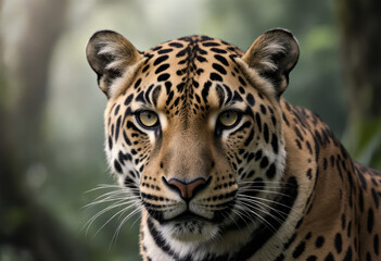 Obraz premium Close-up of a spotted wild cat in a lush green forest