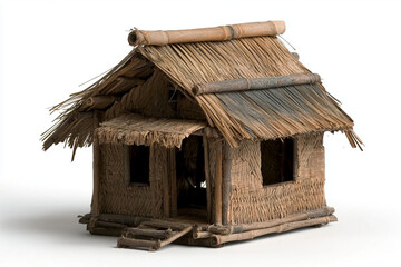 Simple jungle dwelling made from woven palm leaves showcases traditional craftsmanship and natural materials