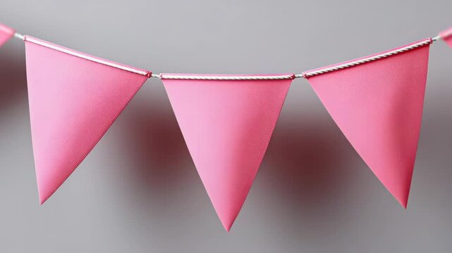 Colorful pink triangular bunting flags hanging in a row against a soft gray background, showcasing vibrant fabric texture and decorative elements for festive celebrations and events
