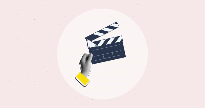 Hand with clapperboard. Modern collage style. 4K stop motion animation