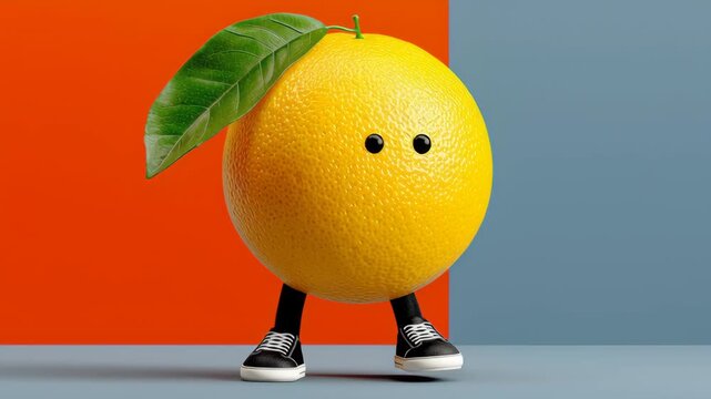 Animated orange character with leaf and sneakers standing confidently on a colorful backdrop, showcasing playful design elements and vibrant colors in a whimsical visual narrative