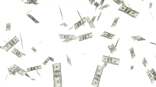 Money falling dollar banknotes on a transparent background with alpha channel, loopable 4k. falling cash money background, money overlay.