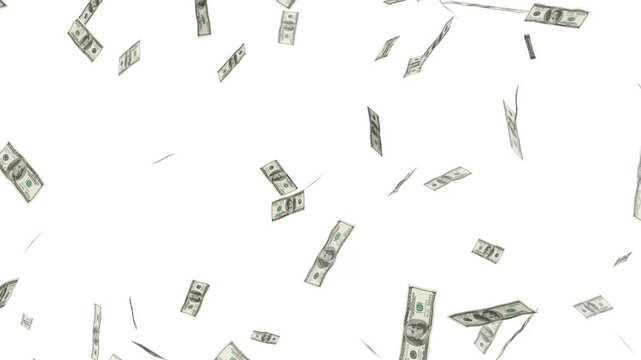 Money falling, hundred dollar banknotes rain with alpha channel, loopable 4k money overlay, falling cash money background.