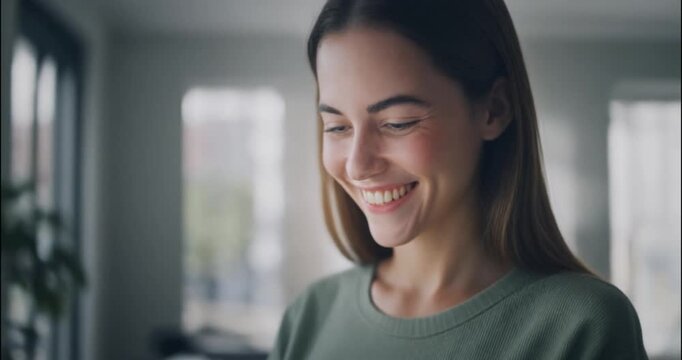 A smiling woman looking down in a bright, modern indoor environment with natural light