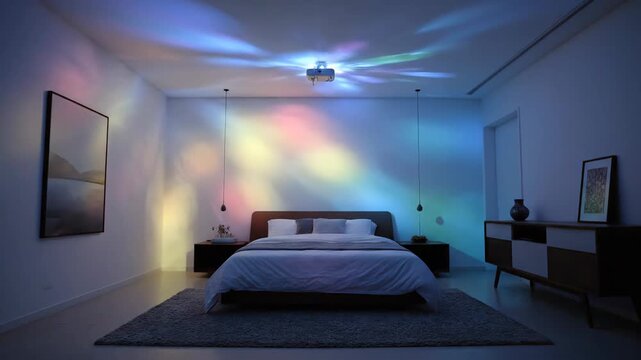 Modern bedroom with projector creating colorful light display on ceiling for relaxation and home entertainment in a calming blue room at night.