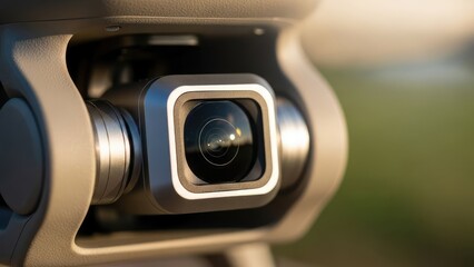Close-up view of a drone camera lens in a natural outdoor setting with blurred green background