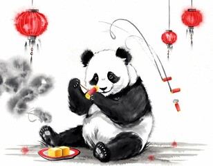 Naklejka premium Traditional Chinese Ink Painting of Panda Playing Firecrackers and Eating Nian Gao