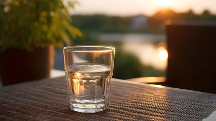Naklejka premium A clear glass of water sits outdoors on a table during a warm golden hour sunset