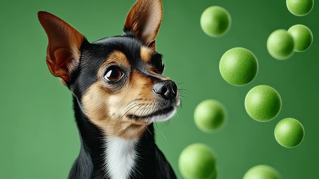 Dog observing floating green balls in a playful scene with curious expression and attentive gaze, showcasing the interaction between pet and playful objects in vibrant green backdrop