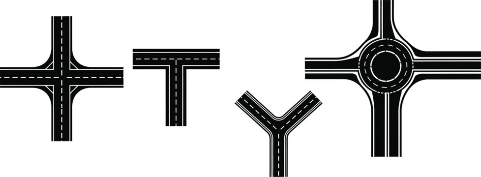 Silhouette vector set of 5 road intersection types four way cross t-junction roundabout y-junction and merge lane.