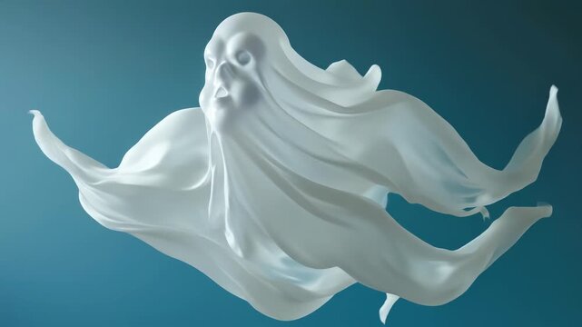 This humorous white spectral entity gracefully floats and drifts in a vast, clear, light blue sky, presenting a playful and eerie supernatural apparition.
