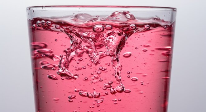 A clear glass filled with pink liquid and bubbles rising to the surface as if something was just dropped into it